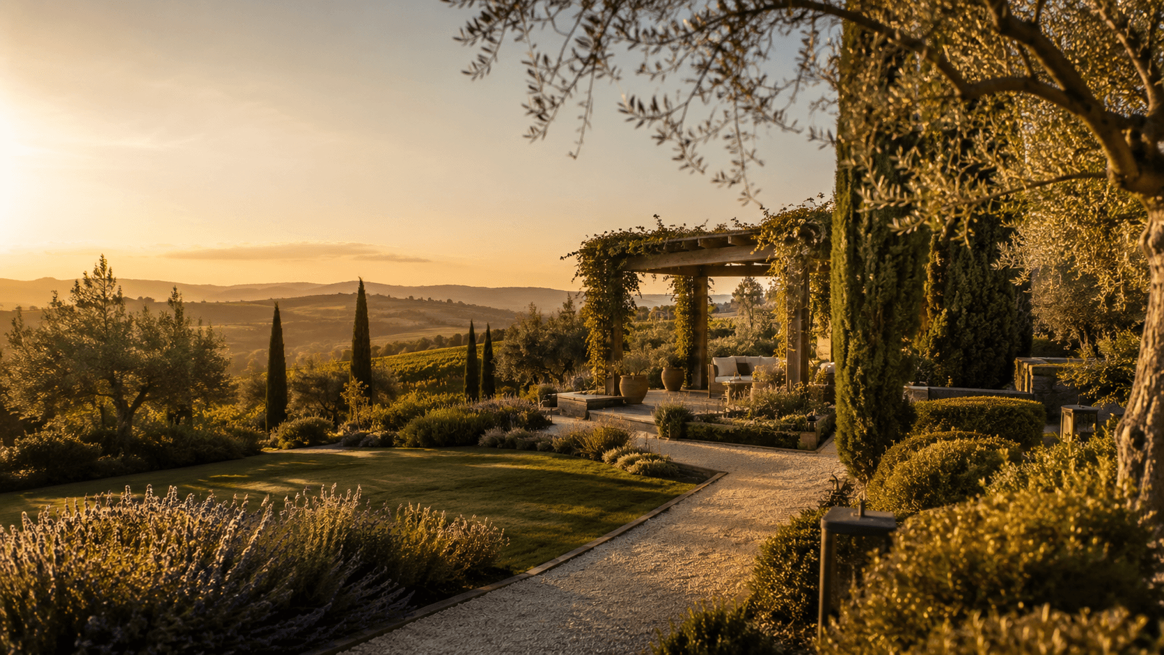 Giardino mediterraneo tra le colline della Valpolicella all'ora dorata, con pergola, ulivi, cipressi e lavande